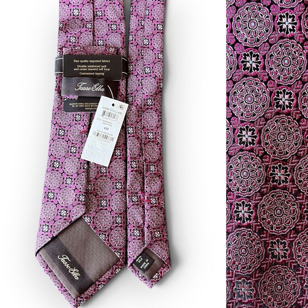 Tasso Elba NWT 100% Silk Tie Medallion Floral Jacquard Woven Necktie Purple Pink